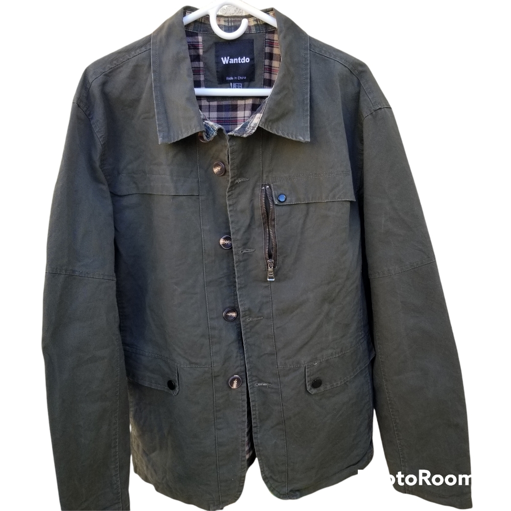 Men's Olive Green Jacket with Inner Plaid Design Size Large